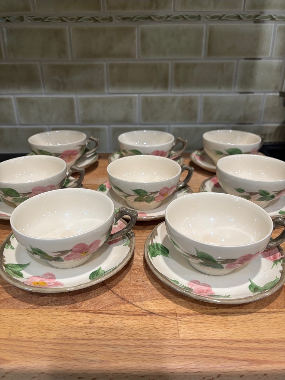 Franciscan Pink Floral Tea Cup and Saucer Set with Green Leaves